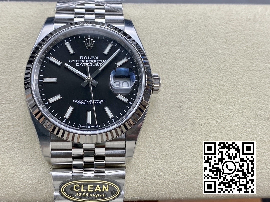 Rolex DateJust 36 126234 904L SS Clean Factory 1:1 Best Edition Fluted Bezel Black Dial